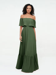 Off Shoulder Chiffon Tiered Skirt Max Dresses-Olive Green