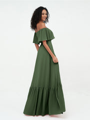 Off Shoulder Chiffon Tiered Skirt Max Dresses-Olive Green Plus Size