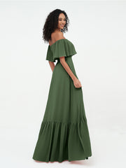 Off Shoulder Chiffon Tiered Skirt Max Dresses-Olive Green
