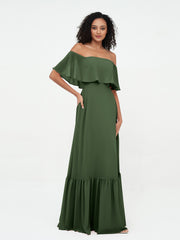 Off Shoulder Chiffon Tiered Skirt Max Dresses-Olive Green Plus Size