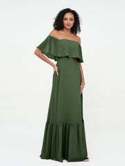Off Shoulder Chiffon Tiered Skirt Max Dresses-Olive Green