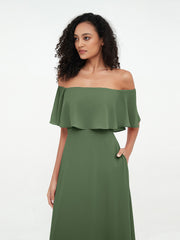 Off Shoulder Chiffon Tiered Skirt Max Dresses-Olive Green