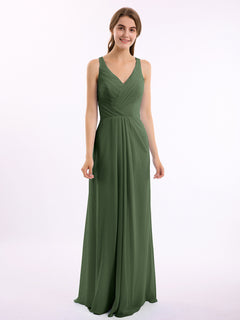 V-neck Chiffon Bridesmaid Dress with Open Back Olive Green