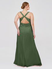 V-neck Chiffon Bridesmaid Dress with Open Back Olive Green