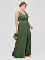 V-neck Chiffon Bridesmaid Dress with Open Back Olive Green Plus Size