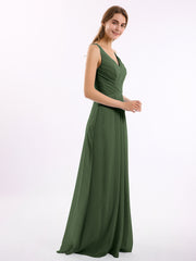 V-neck Chiffon Bridesmaid Dress with Open Back Olive Green