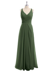 V-neck Chiffon Bridesmaid Dress with Open Back Olive Green