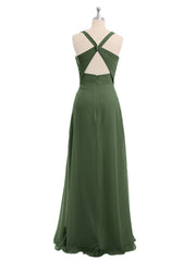 V-neck Chiffon Bridesmaid Dress with Open Back Olive Green Plus Size