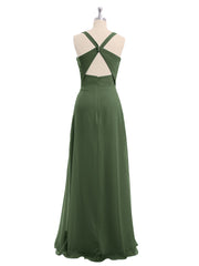 V-neck Chiffon Bridesmaid Dress with Open Back Olive Green