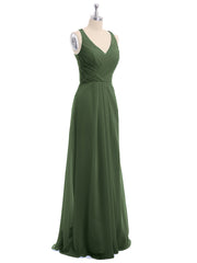 V-neck Chiffon Bridesmaid Dress with Open Back Olive Green