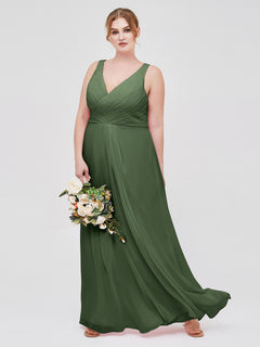 V-neck Chiffon Bridesmaid Dress with Open Back Olive Green Plus Size