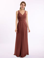 V-neck Chiffon Bridesmaid Dress with Open Back Terracotta
