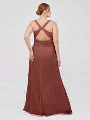 V-neck Chiffon Bridesmaid Dress with Open Back Terracotta