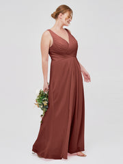 V-neck Chiffon Bridesmaid Dress with Open Back Terracotta Plus Size