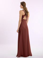 V-neck Chiffon Bridesmaid Dress with Open Back Terracotta