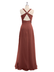 V-neck Chiffon Bridesmaid Dress with Open Back Terracotta