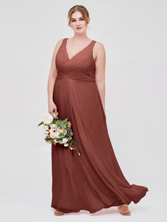 V-neck Chiffon Bridesmaid Dress with Open Back Terracotta Plus Size