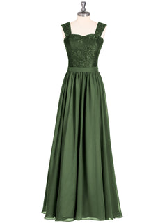 Shoulder Strap Lace AND CHIFFON Long Dress-Olive Green