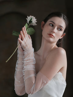 Long Ivory Sheer Pearl Bridal Sleeves Gloves