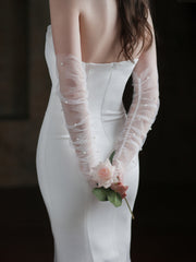 Long Ivory Sheer Pearl Bridal Sleeves Gloves