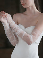 Long Ivory Sheer Pearl Bridal Sleeves Gloves