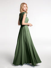 Illusion Wrap Neck Lace and Chiffon Maxi Dress-Olive Green