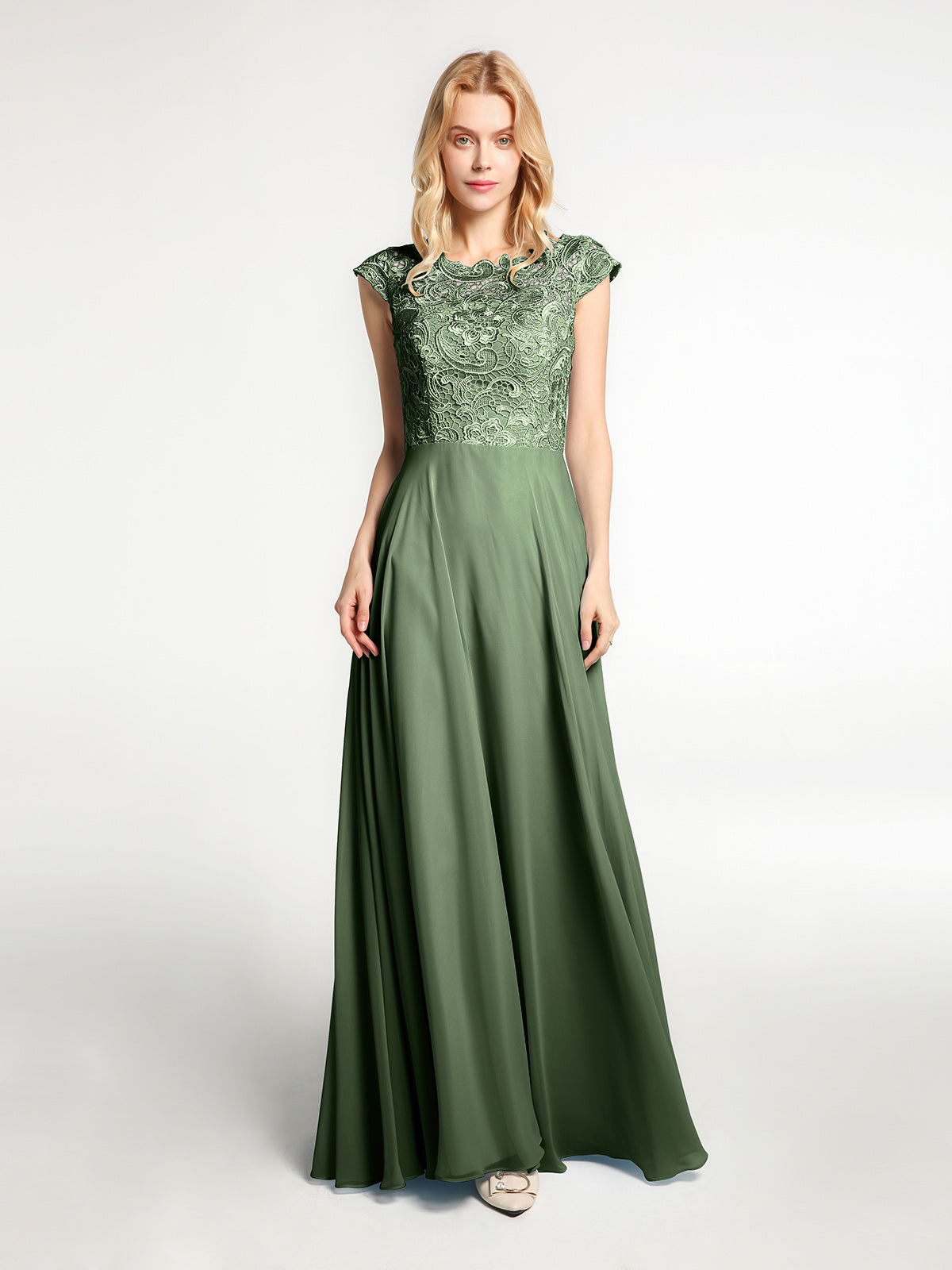 Illusion Neck Chiffon Full Length Dresses Lime Green