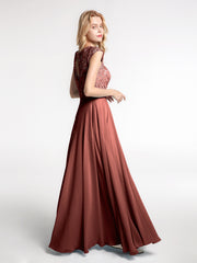 Illusion Wrap Neck Lace and Chiffon Maxi Dress-Terracotta