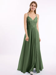 Lace Bodice Chiffon Skirt Dresses with Slit Olive Green
