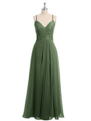Lace Bodice Chiffon Skirt Dresses with Slit Olive Green
