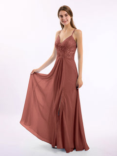 Lace Bodice Chiffon Skirt Dresses with Slit Terracotta