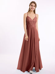 Lace Bodice Chiffon Skirt Dresses with Slit Terracotta