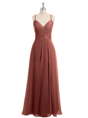 Lace Bodice Chiffon Skirt Dresses with Slit Terracotta