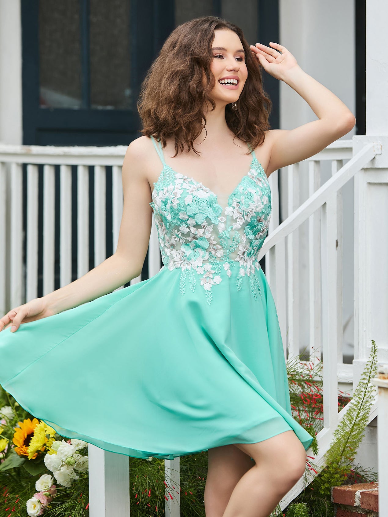 Plunging V-Neck Lace Appliqued Short Dress Azalea