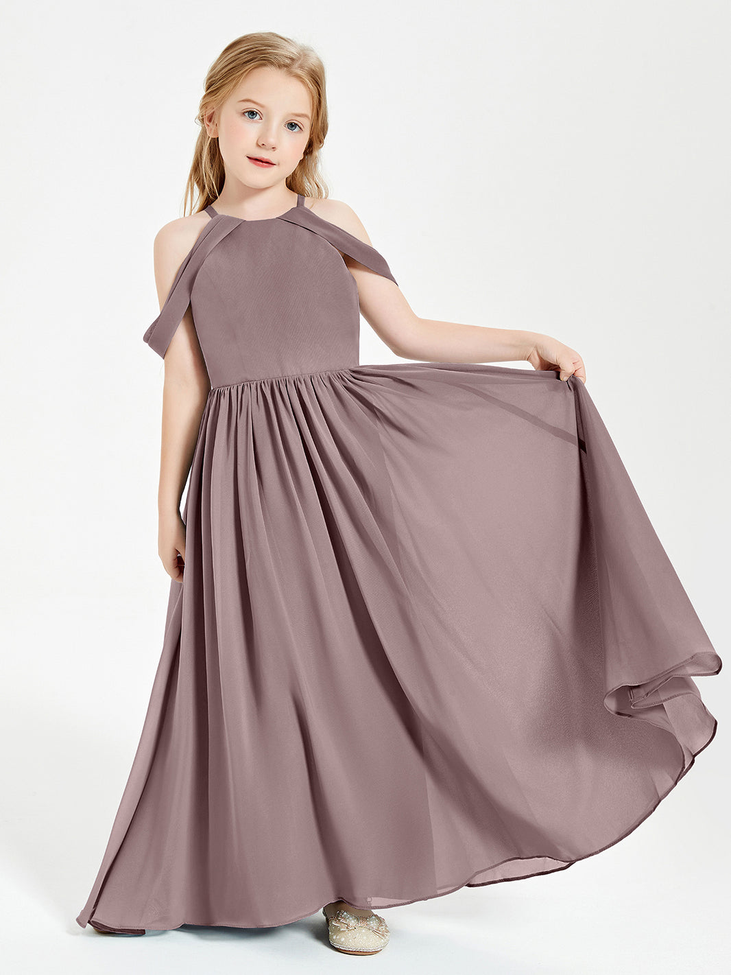 BABARONI Chiffon Vintage Mauve Junior Bridesmaid Dresses A-line  Off-the-shoulder Sleeveless Ruched Floor-length