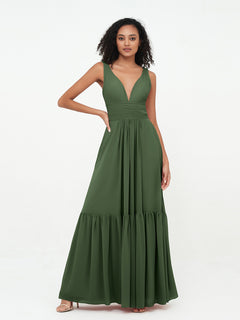 Deep-V Neck Chiffon Tiered Skirt Boho Dresses-Olive Green