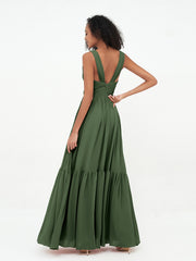 Deep-V Neck Chiffon Tiered Skirt Boho Dresses-Olive Green