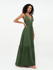 Deep-V Neck Chiffon Tiered Skirt Boho Dresses-Olive Green