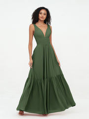Deep-V Neck Chiffon Tiered Skirt Boho Dresses-Olive Green