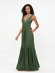 Deep-V Neck Chiffon Tiered Skirt Boho Dresses-Olive Green