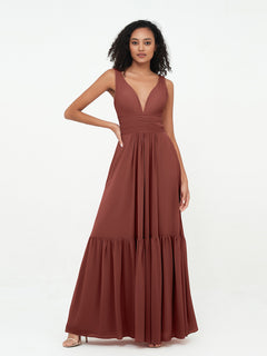 Deep-V Neck Chiffon Tiered Skirt Boho Dresses-Terracotta