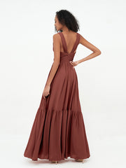 Deep-V Neck Chiffon Tiered Skirt Boho Dresses-Terracotta