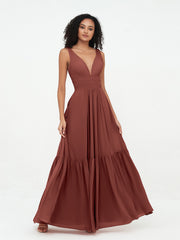 Deep-V Neck Chiffon Tiered Skirt Boho Dresses-Terracotta