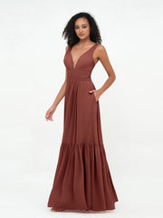 Deep-V Neck Chiffon Tiered Skirt Boho Dresses-Terracotta