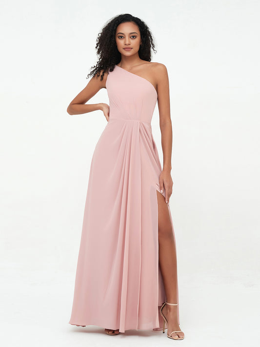 One-Shoulder Chiffon Max Dresses with Slit-Dusty Rose