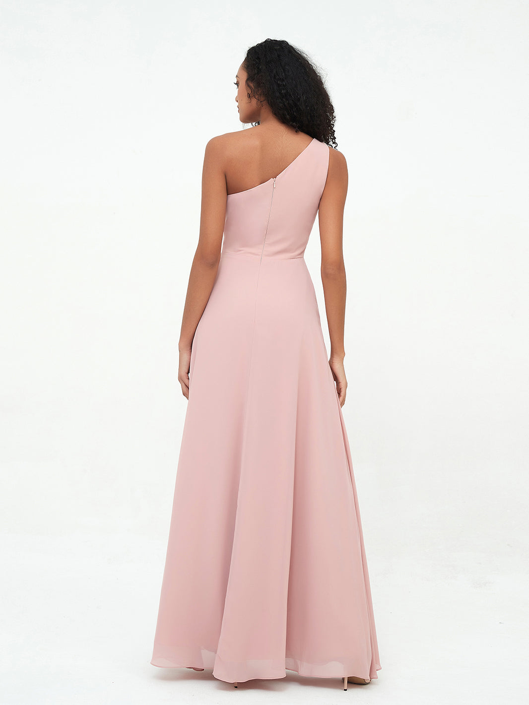 BABARONI Coral Chiffon Bridesmaid Dress One-Shoulder Floor Length Wedding Party Gown with Slit