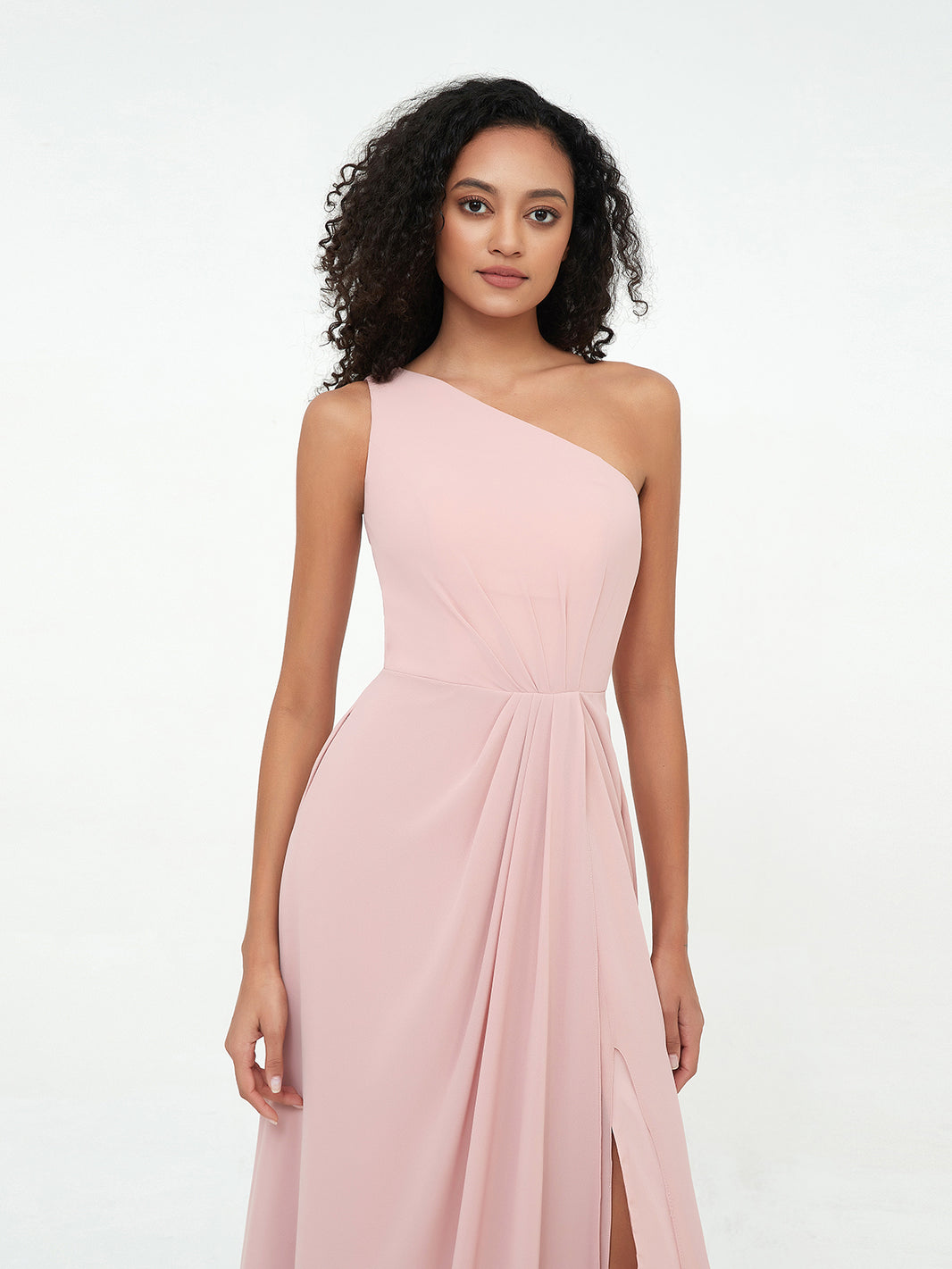 BABARONI Coral Chiffon Bridesmaid Dress One-Shoulder Floor Length Wedding Party Gown with Slit