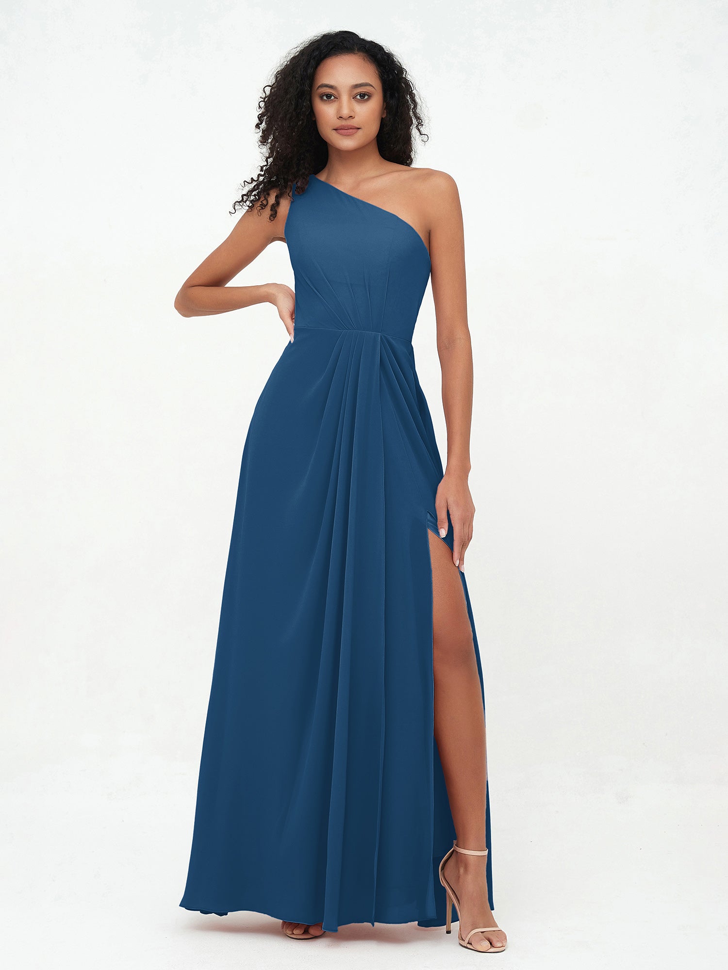 One-Shoulder Chiffon Max Dresses with Slit-Ink Blue – BABARONI