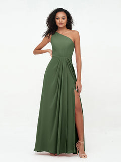 One-Shoulder Chiffon Max Dresses with Slit-Olive Green