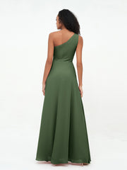One-Shoulder Chiffon Max Dresses with Slit-Olive Green
